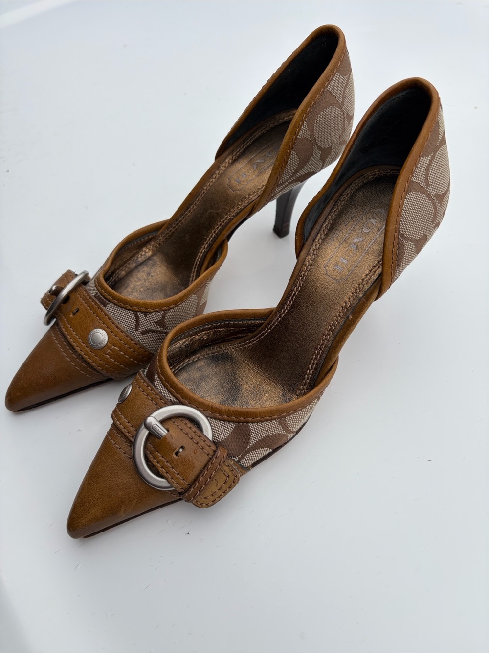 Vintage Coach Signature Canvas Brown Pointed-Toe Heels | Size 5 | Y2K